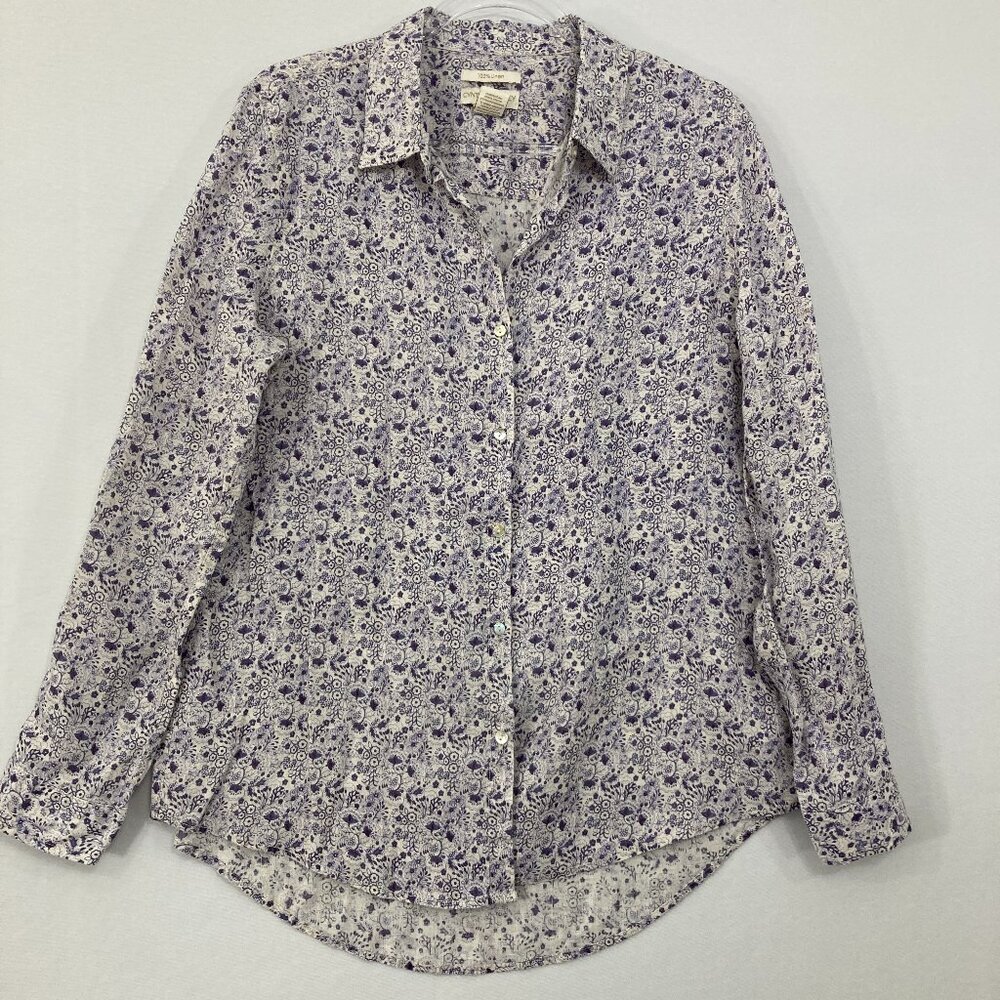 Cynthia Rowley size Large 100% Linen Floral Long Sleeve‎ Button Down Feminine
